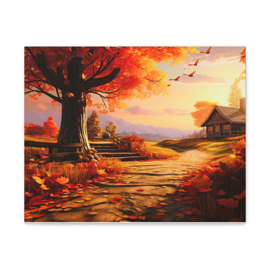 Autumn Serenity: Majestic Tree & Cozy Cottage Canvas Art