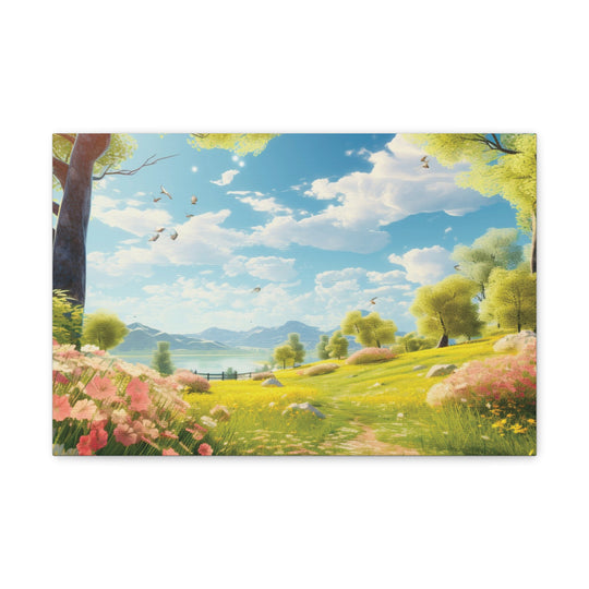 Serene Meadow: Vibrant Floral & Verdant Hillside Art Canvas