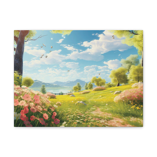 Serene Meadow: Vibrant Floral & Verdant Hillside Art Canvas