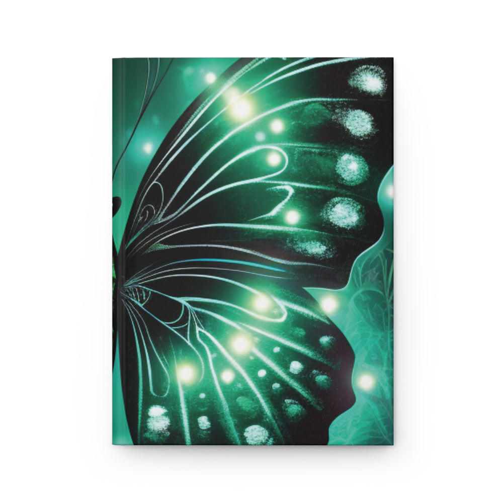 Luminous Butterfly Wing Notebook - Eco-Inspired Design with Radiant White Lights on a Verdant Background