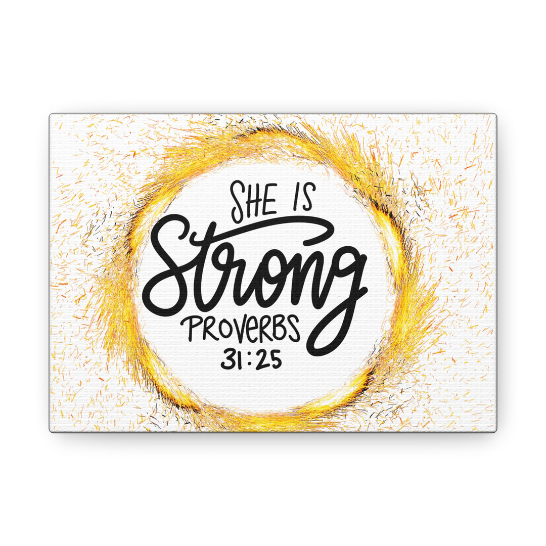 Empowerment Canvas Art - 'She is Strong' Proverbs 31:25 with Vibrant Yellow Frame