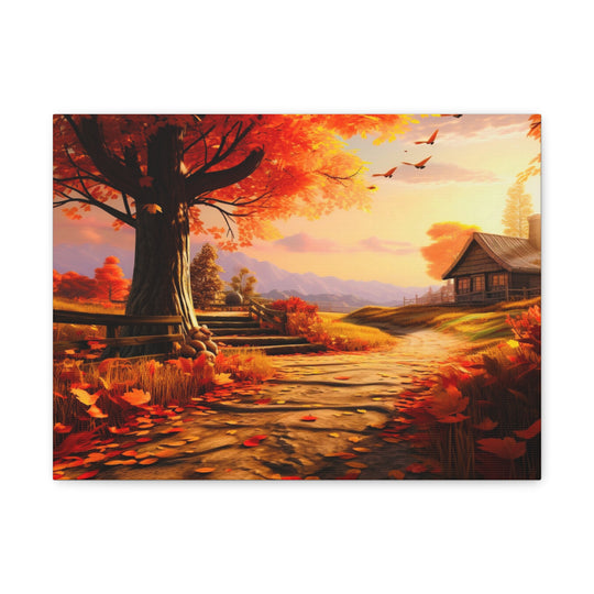 Autumn Serenity: Majestic Tree & Cozy Cottage Canvas Art