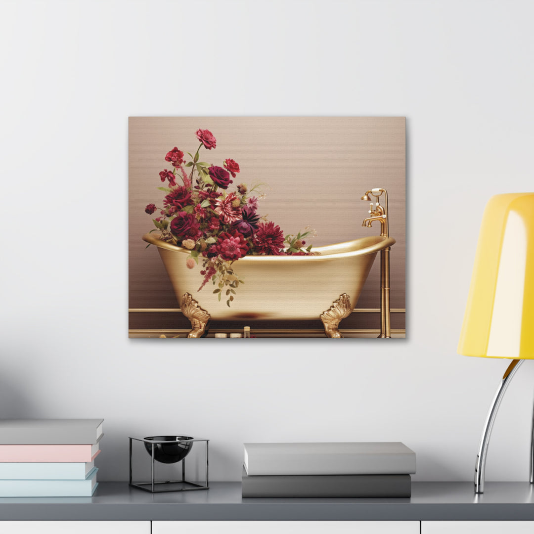 Elegant Gold Bathtub with Burgundy Blooms - Luxurious Canvas Wall Art