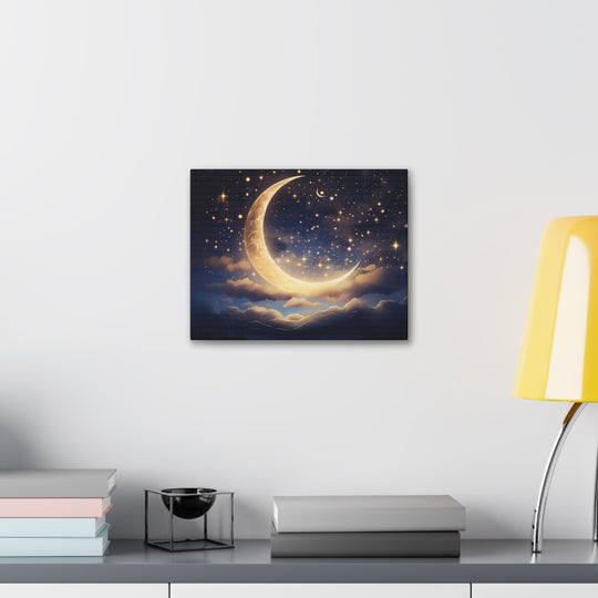 Starry Night Crescent Moon Canvas - Brilliant Yellow Moon & Stars on Black