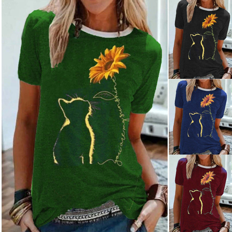 Floral Gaze Cat Tee - Women's Charming Feline & Flower T-Shirt
