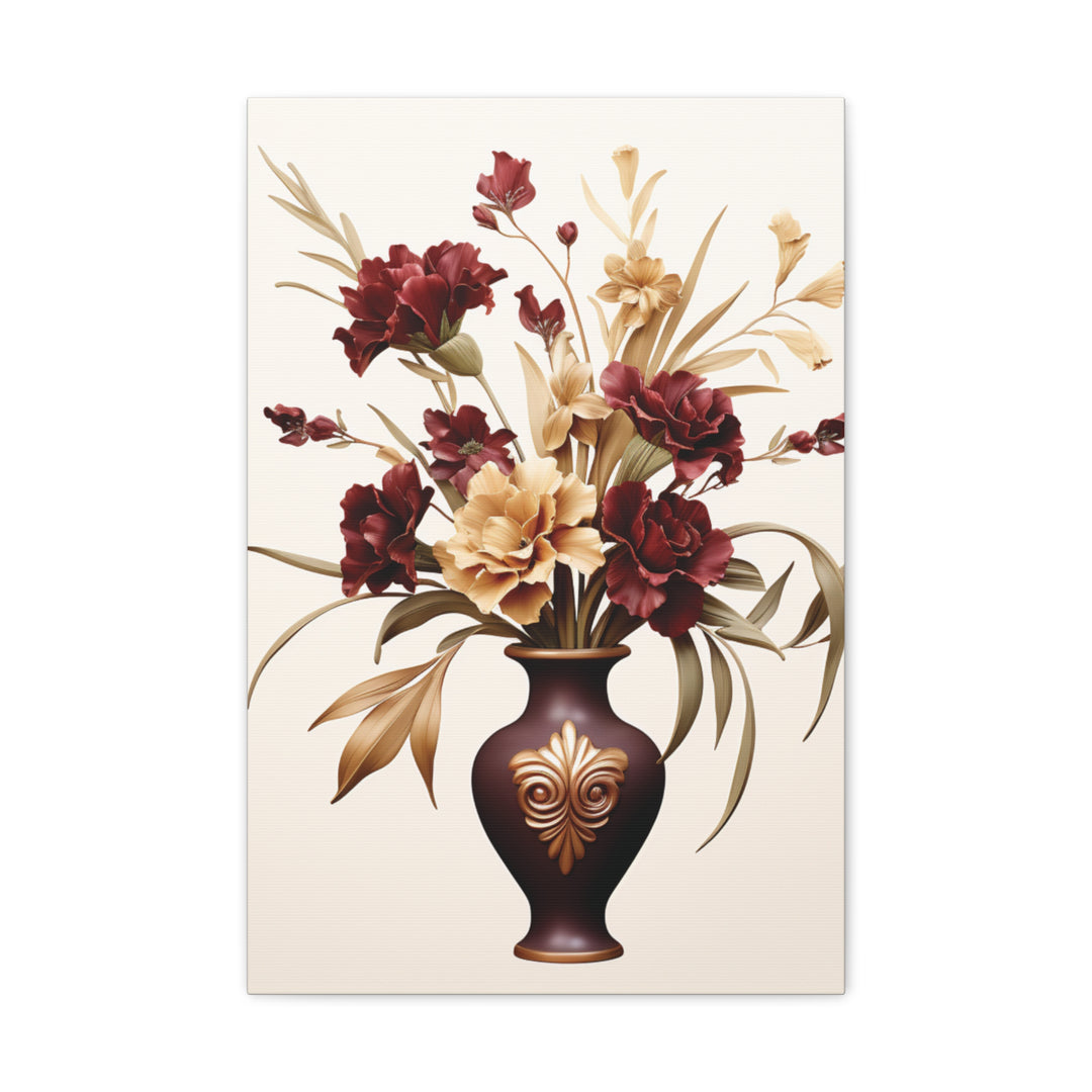 Elegant Burgundy & Tan Floral Canvas Art in Designer Brown Vase