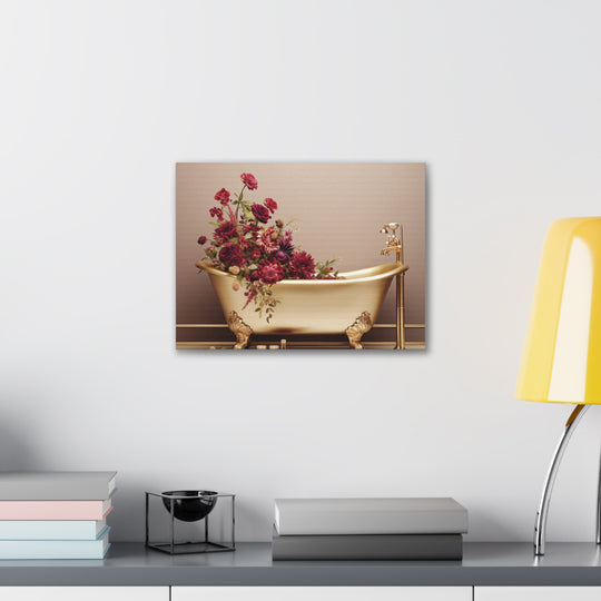 Elegant Gold Bathtub with Burgundy Blooms - Luxurious Canvas Wall Art