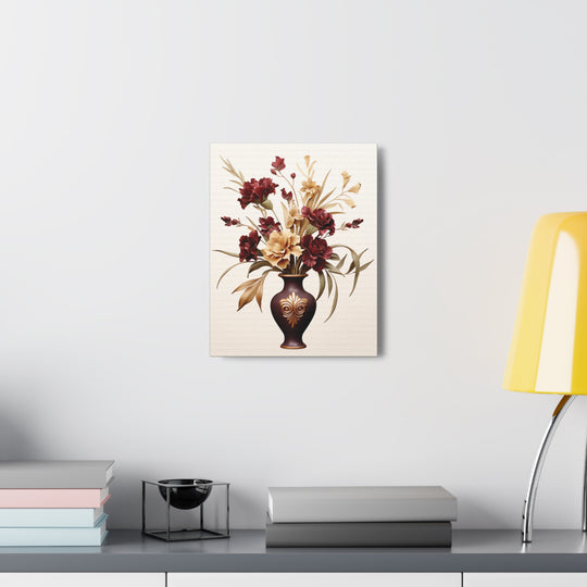 Elegant Burgundy & Tan Floral Canvas Art in Designer Brown Vase