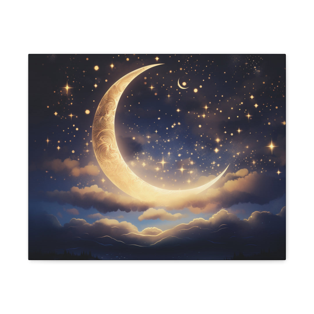 Starry Night Crescent Moon Canvas - Brilliant Yellow Moon & Stars on Black