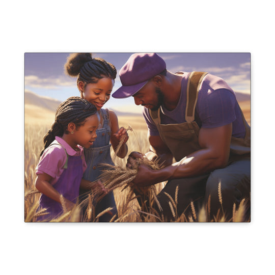 Joyful Moments: African American Father & Daughters in Wheat Field - Art Canvas