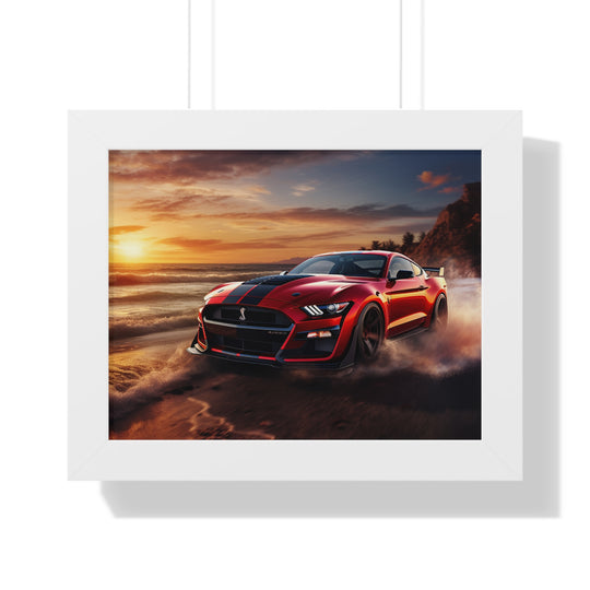 Sunset Blaze: Red Mustang Burnout Beach Framed Poster