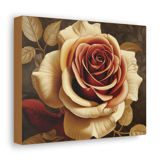 Elegant Floral Canvas Art - Tan & Burgundy Blossom with Brown Leaves
