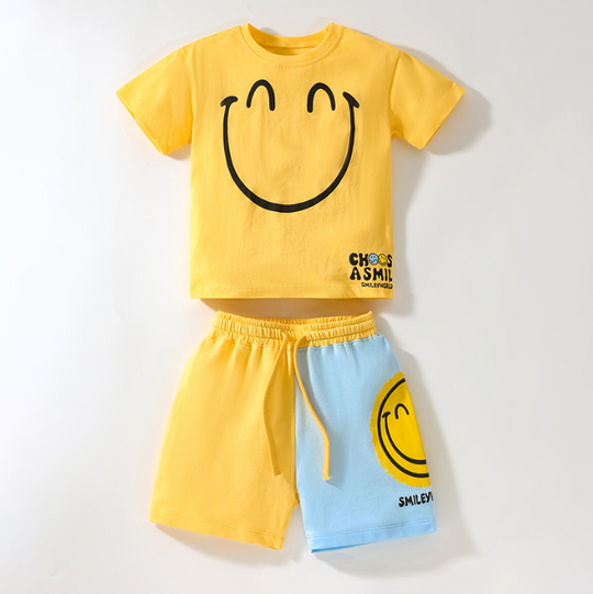 Sunshine Smiles Yellow Kids Short Set with Smiley Face Design